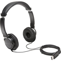 Kensington Classic USB Headphones displayed with attached 6-foot USB cord, emphasizing comfort, style, and compatibility for various devices.