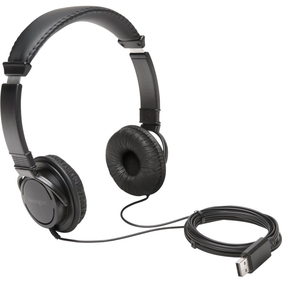 Kensington Classic USB Headphones displayed with attached 6-foot USB cord, emphasizing comfort, style, and compatibility for various devices.
