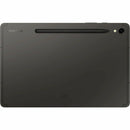 Back view of the Samsung Galaxy Tab S9 in graphite, highlighting the sleek design and included S Pen storage for creative tasks.