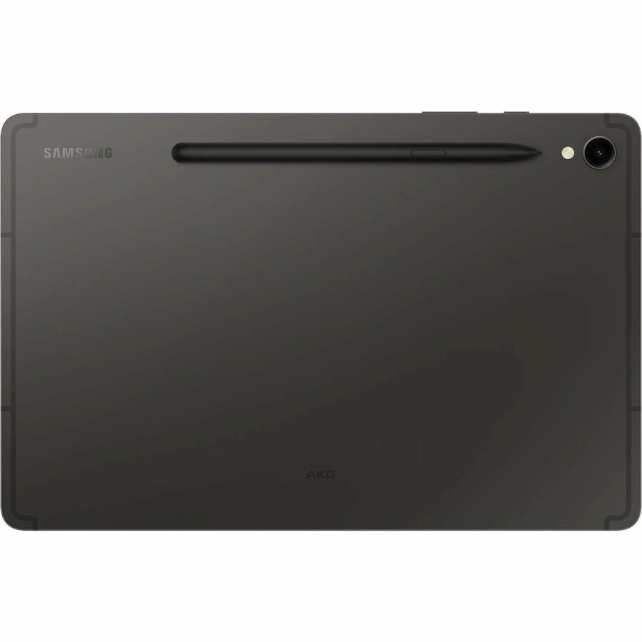 Back view of the Samsung Galaxy Tab S9 in graphite, highlighting the sleek design and included S Pen storage for creative tasks.