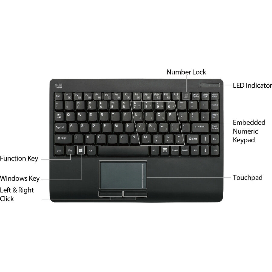Adesso Wireless Mini Touchpad Keyboard - 2.4GHz RF, GlidePoint Touchpad, Compact Design