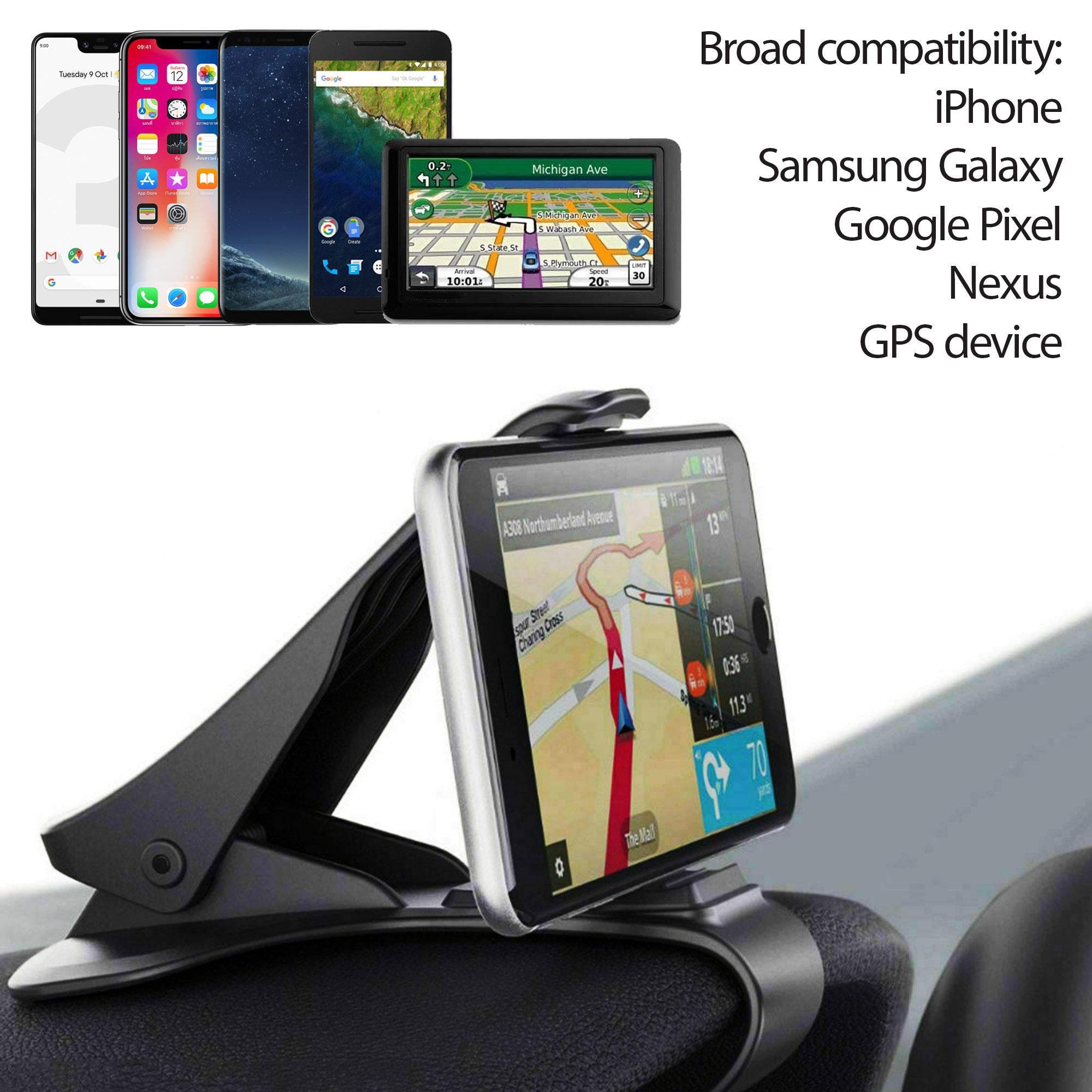 Universal Dashboard Phone Holder Mount for Cars by Ask Gecko, showcasing broad compatibility with iPhone, Samsung Galaxy, Google Pixel, and GPS devices, demonstrating its adjustable cradle for easy navigation while driving.