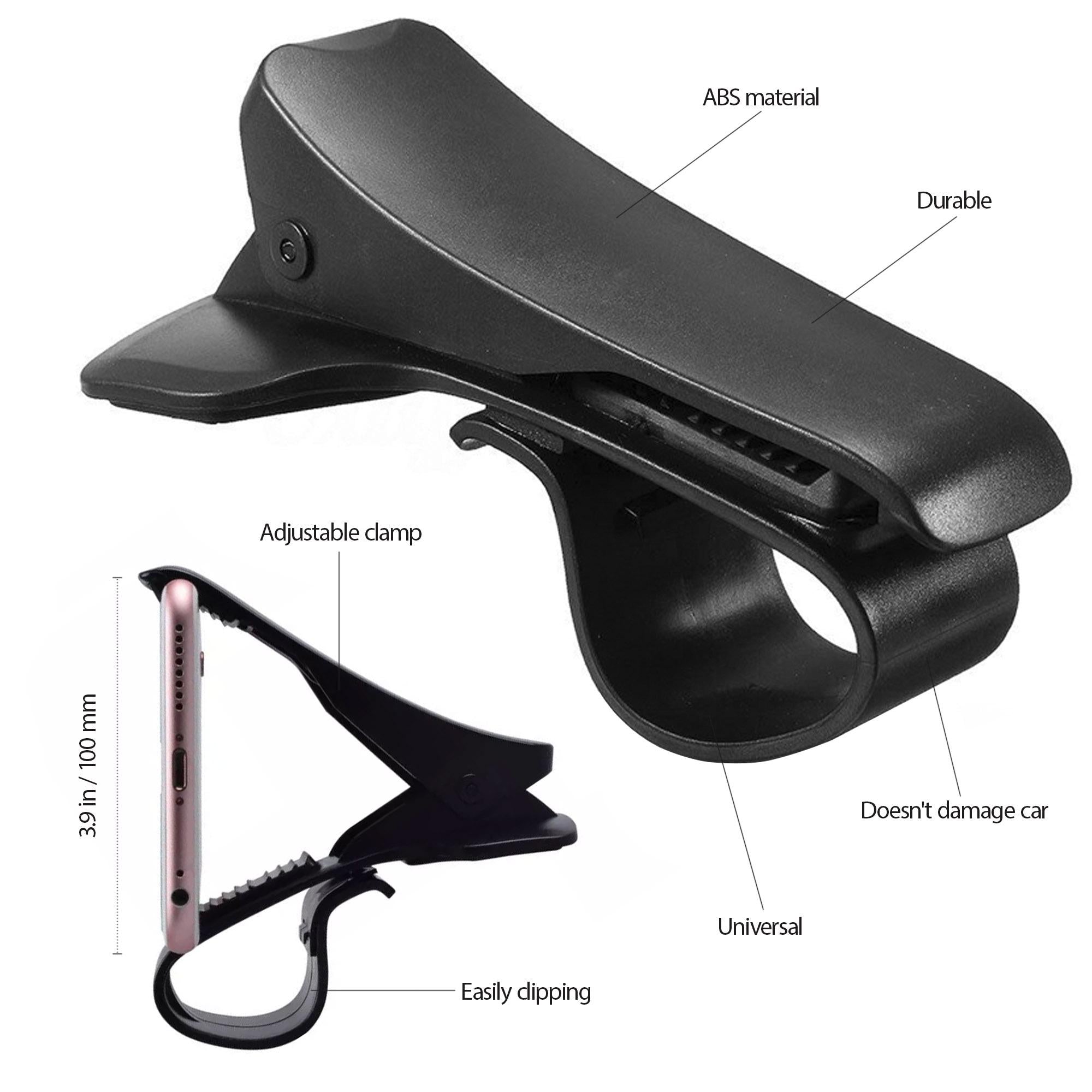 Durable and adjustable dashboard phone holder mount for cars by Ask Gecko, showcasing high-quality ABS material and a design that doesn't damage the car, perfect for securing devices like iPhone and Samsung.
