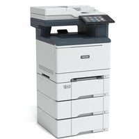 Side view of the Xerox VersaLink C415 Color Multifunction Printer displaying multiple paper tray options, ideal for busy office environments.