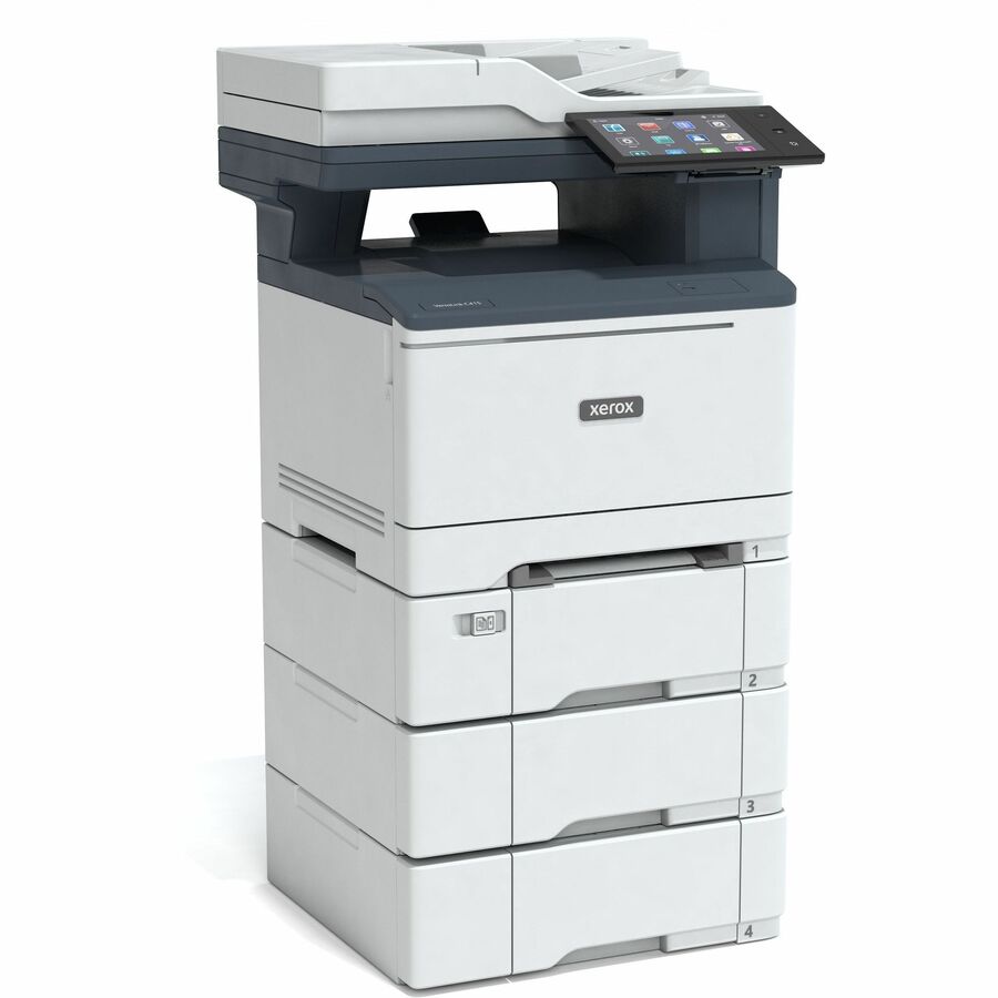 Side view of the Xerox VersaLink C415 Color Multifunction Printer displaying multiple paper tray options, ideal for busy office environments.