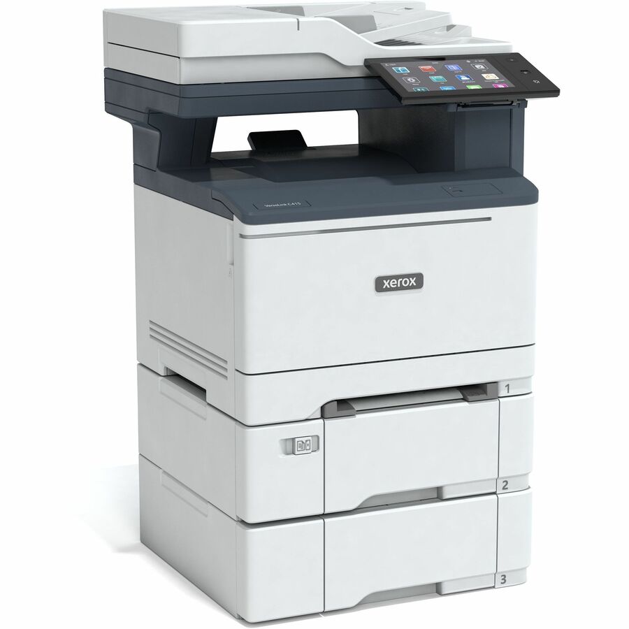 Close-up of the Xerox VersaLink C415 Color Multifunction Printer's control panel with intuitive touch screen, reflecting advanced security and connectivity features.