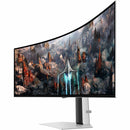 Samsung Odyssey G9 49" DQHD OLED Gaming Monitor showcasing its stunning curved screen with vibrant visuals of a fantastical landscape, immersing gamers in an expansive view.