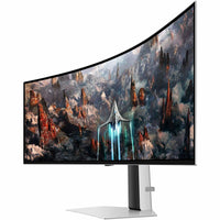 Samsung Odyssey G9 49" DQHD OLED Gaming Monitor showcasing its stunning curved screen with vibrant visuals of a fantastical landscape, immersing gamers in an expansive view.