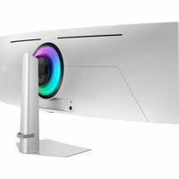 Rear profile of the Samsung Odyssey G9 49" DQHD OLED Gaming Monitor displaying its sleek design and integrated RGB lighting, perfect for enhancing any gaming setup.