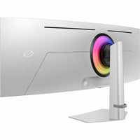 Close-up view of the back of the Samsung Odyssey G9 49" DQHD OLED Gaming Monitor, highlighting its modern aesthetics and user-friendly connectivity ports.