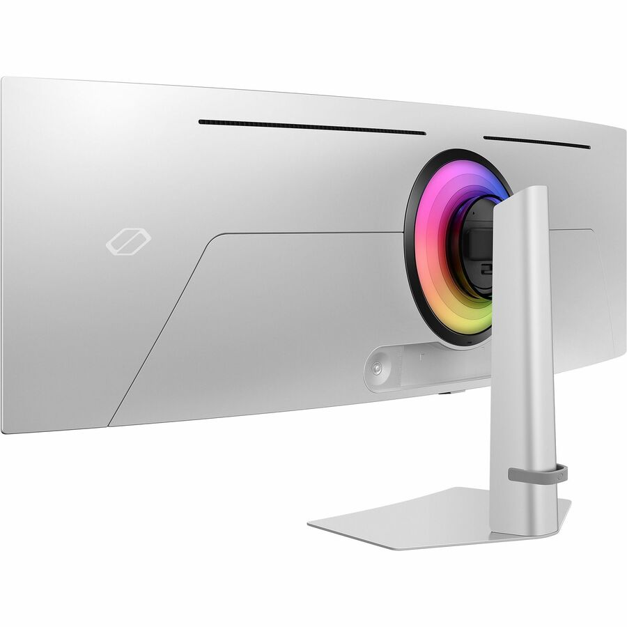 Close-up view of the back of the Samsung Odyssey G9 49" DQHD OLED Gaming Monitor, highlighting its modern aesthetics and user-friendly connectivity ports.