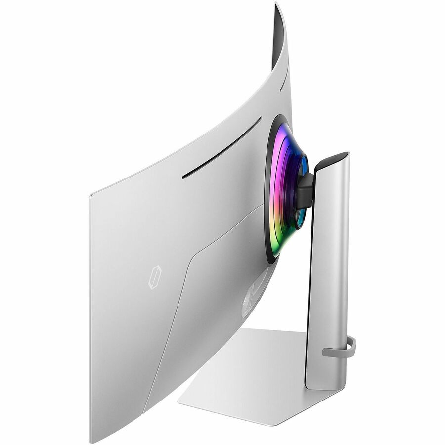 Back view of the Samsung Odyssey G9 49" DQHD OLED Gaming Monitor showcasing its modern design and vibrant RGB lighting.
