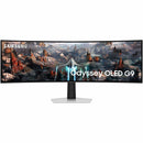 Front view of the Samsung Odyssey G9 49" DQHD OLED Gaming Monitor displaying dynamic visuals, perfect for immersive gaming.