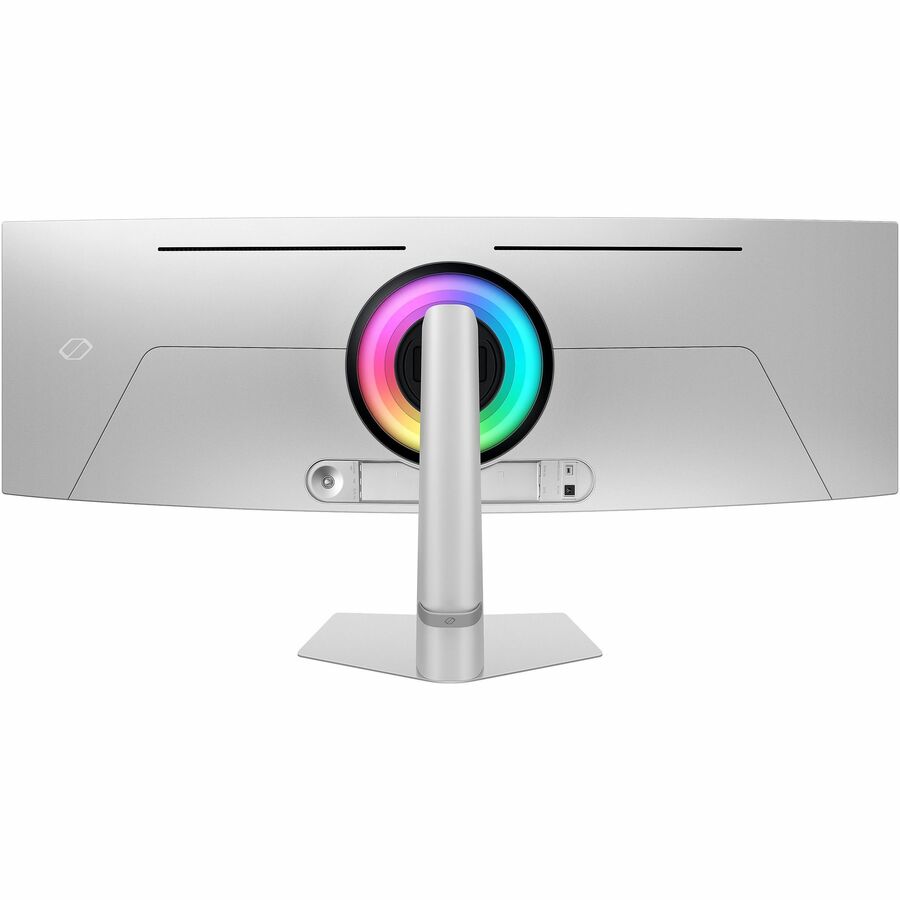 Rear view of the Samsung Odyssey G9 49" DQHD OLED Gaming Monitor detailing its innovative design and connectivity options.