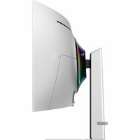 Side view of the Samsung Odyssey G9 49" DQHD OLED Gaming Monitor showcasing its sleek design and ergonomic stand, perfect for immersive gaming experiences.