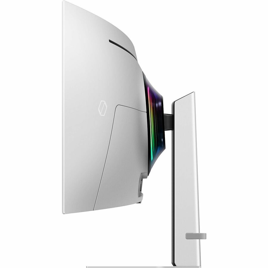Side view of the Samsung Odyssey G9 49" DQHD OLED Gaming Monitor showcasing its sleek design and ergonomic stand, perfect for immersive gaming experiences.