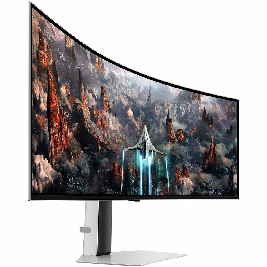 Front view of the curved Samsung Odyssey G9 49" DQHD OLED Gaming Monitor in action, displaying stunning visuals, ideal for gamers seeking vibrant graphics and a wide aspect ratio.