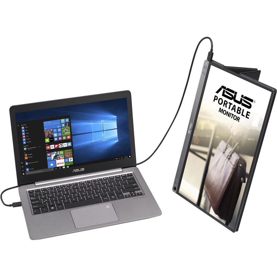 Asus ZenScreen MB16AC 15.6" Full HD portable monitor connected to a laptop, demonstrating seamless connectivity and the hybrid-signal solution ideal for remote work.