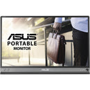 ASUS ZenScreen MB16AC portable monitor displaying a professional setting with a person holding a briefcase.