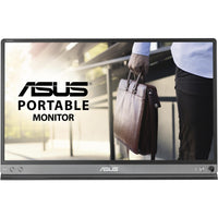 ASUS ZenScreen MB16AC portable monitor displaying a professional setting with a person holding a briefcase.