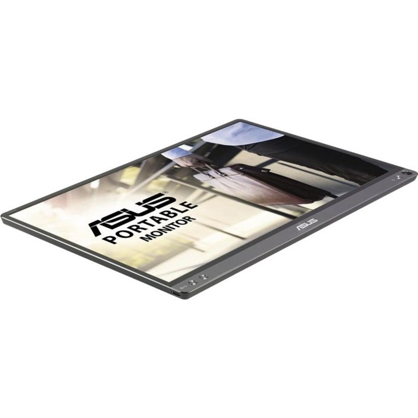 Side view of the ASUS ZenScreen MB16AC portable monitor in an angled position, emphasizing its slim profile.