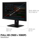 Technical specifications of ViewSonic VG2240 22 Inch FHD Monitor, detailing full HD resolution and ergonomic adjustments for user convenience.