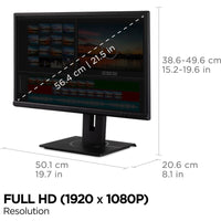 Technical specifications of ViewSonic VG2240 22 Inch FHD Monitor, detailing full HD resolution and ergonomic adjustments for user convenience.
