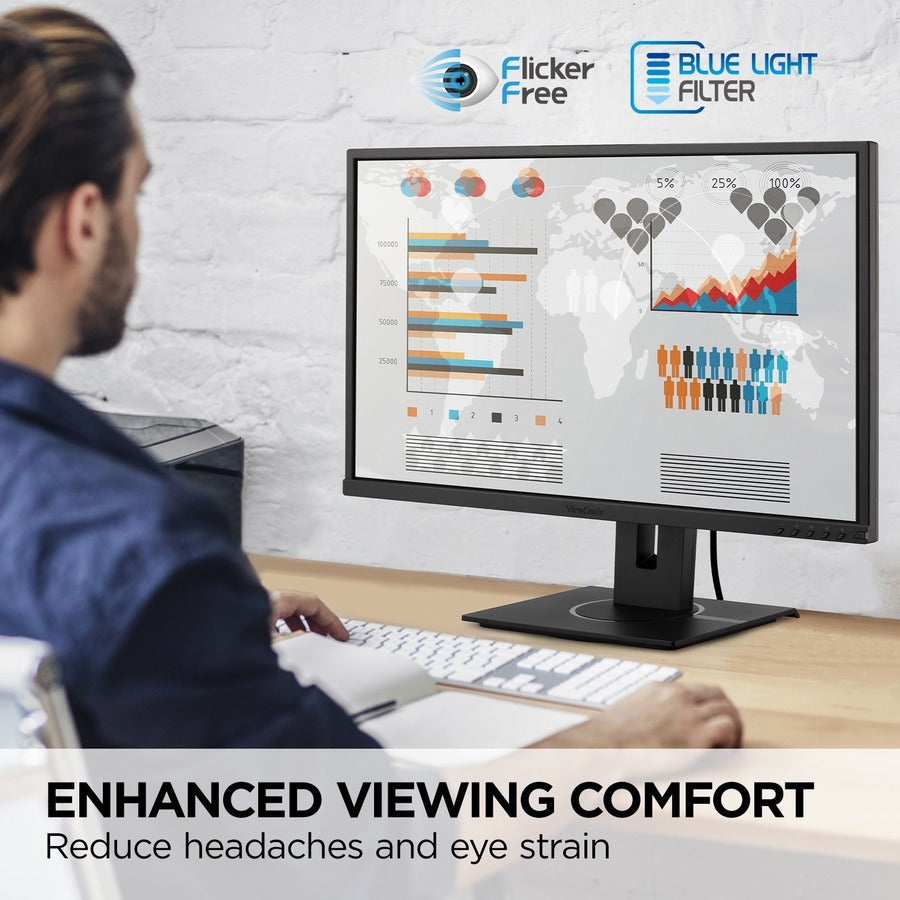 Enjoy reduced eye strain with the ViewSonic VG2240 22 Inch FHD Monitor featuring Flicker-Free technology and a Blue Light Filter, designed for enhanced viewing comfort.