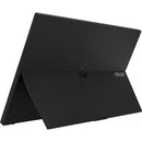 Rear view of the Asus ZenScreen MB16ACV 15.6" Portable Full HD IPS Monitor displaying its sleek design and foldable kickstand, perfect for versatile work environments.