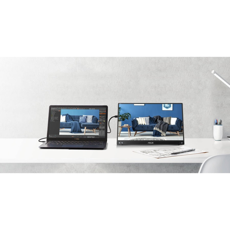 Asus ZenScreen MB16ACV 15.6" Portable Full HD IPS Monitor paired with a laptop on a stylish desk, demonstrating its dual-display capabilities for enhanced multitasking.