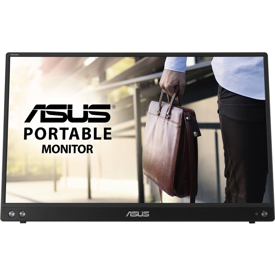 Asus ZenScreen MB16ACV 15.6" Portable Full HD IPS Monitor showcasing a business professional carrying a leather bag, emphasizing its portability and sleek design.