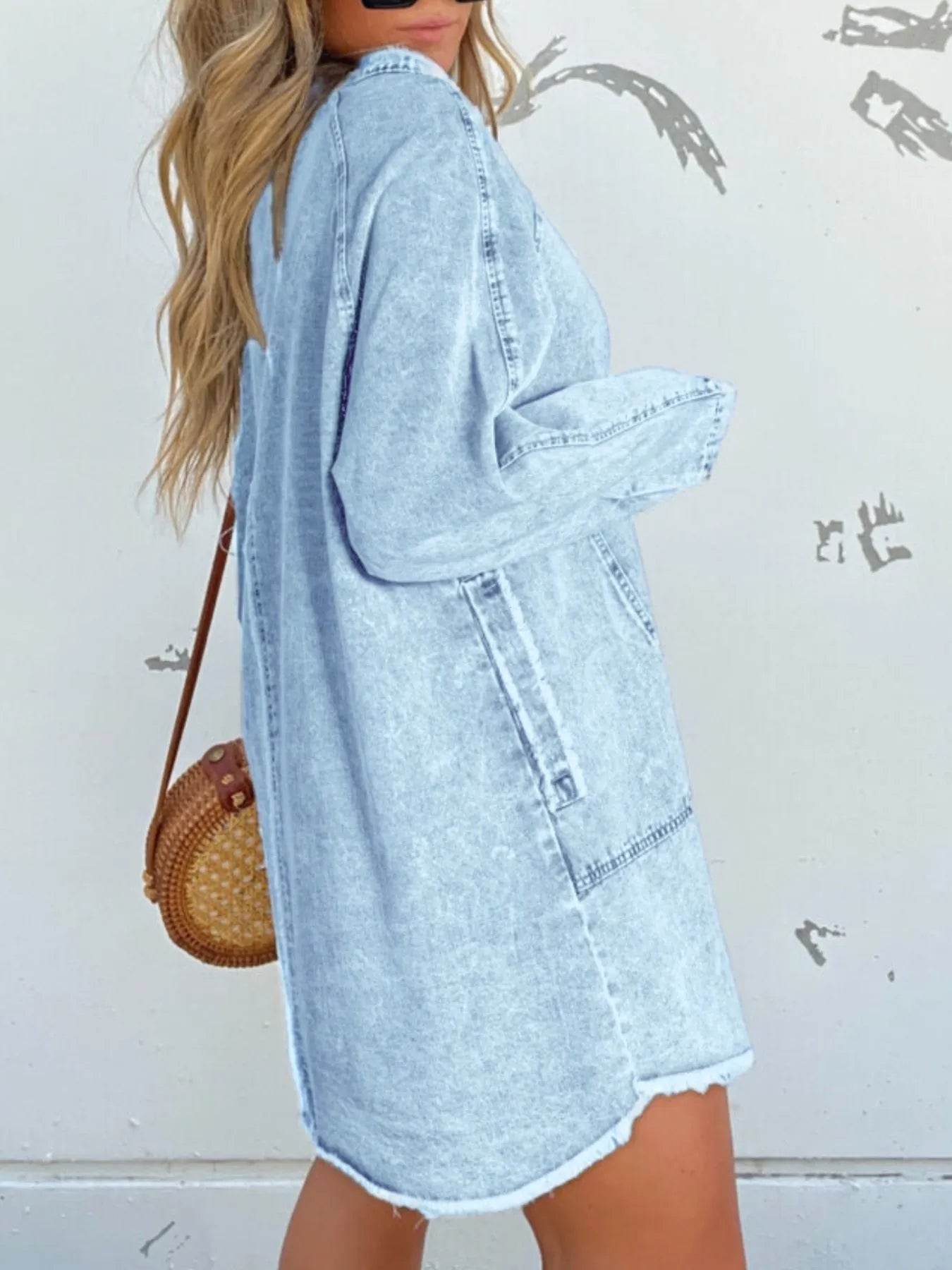 Full Size Button-Front Long Sleeve Denim Shirt Dress Plus Size - Store 42