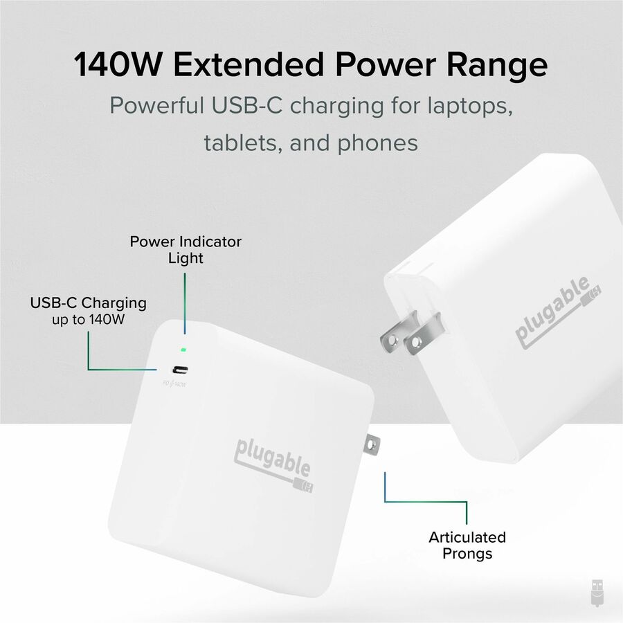 Plugable 140W GaN USB-C Charger - Fast Charging Power Delivery 3.1 for Laptops, Tablets, & Phones