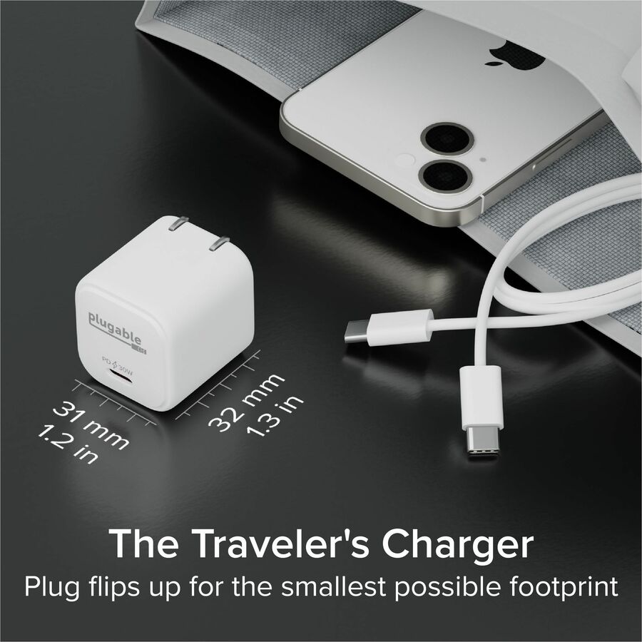 Plugable 30W GaN USB-C Charger Block - Portable Fast Charging for Phones, Tablets, and Laptops