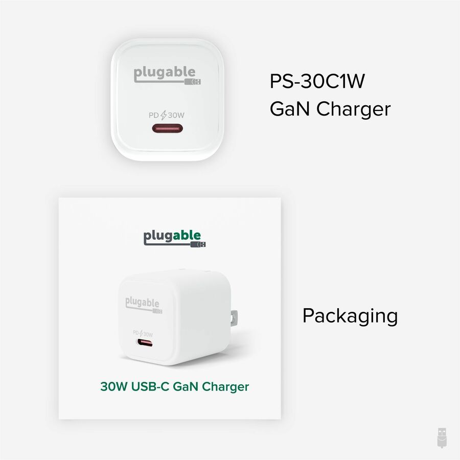 Plugable 30W GaN USB-C Charger Block - Portable Fast Charging for Phones, Tablets, and Laptops