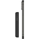 Profile view of the Belkin BoostCharge MagSafe Wireless Power Bank 2500 mAh, showcasing its slim design aligned with an iPhone, highlighting its portability and ideal for convenient charging.