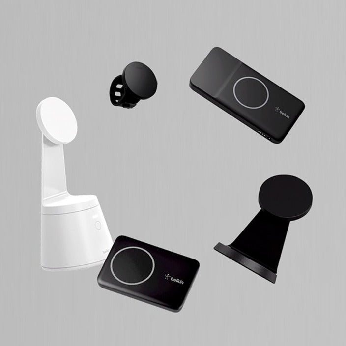 Collage featuring multiple Belkin BoostCharge accessories, including the MagSafe Wireless Power Bank 2500 mAh, showcasing versatility and innovative charging solutions for modern devices.