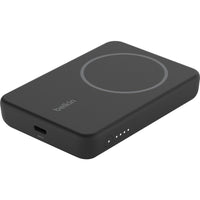 Belkin MagSafe Power Bank 5K featuring a sleek black design with wireless charging capability, perfect for staying charged on the go.