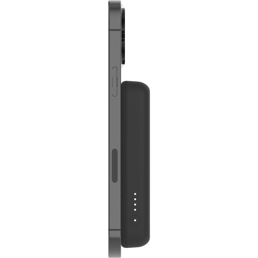 Side view of the Belkin MagSafe Power Bank 5K showcasing its compact design and LED battery indicator.