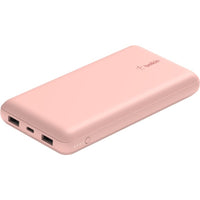 Elegant Belkin BoostCharge 20K Power Bank in pink, viewed from a slight angle, highlighting the sleek design and LED battery status indicator.