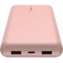 Front view of the Belkin BoostCharge 20K Power Bank, featuring two USB-A ports and one USB-C port, perfect for charging multiple devices.
