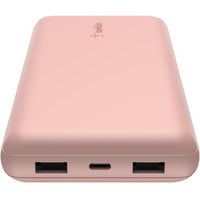 Front view of the Belkin BoostCharge 20K Power Bank, featuring two USB-A ports and one USB-C port, perfect for charging multiple devices.