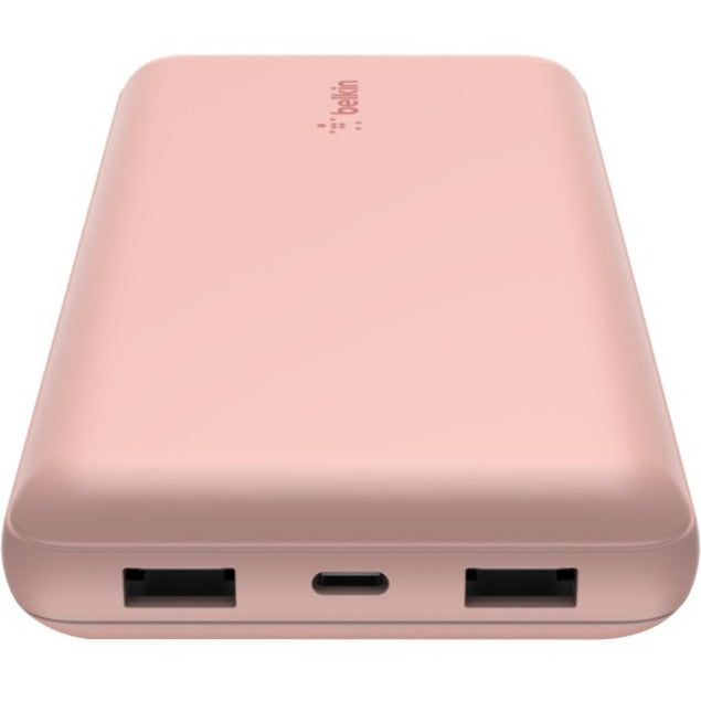 Front view of the Belkin BoostCharge 20K Power Bank, featuring two USB-A ports and one USB-C port, perfect for charging multiple devices.