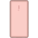 Back view of the Belkin BoostCharge 20K Power Bank in pink, displaying the minimalist design with the Belkin logo, promoting eco-friendly charging solutions.