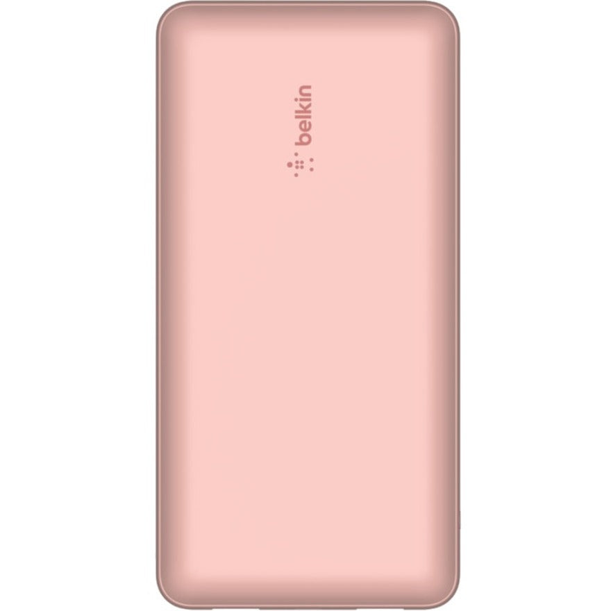 Back view of the Belkin BoostCharge 20K Power Bank in pink, displaying the minimalist design with the Belkin logo, promoting eco-friendly charging solutions.