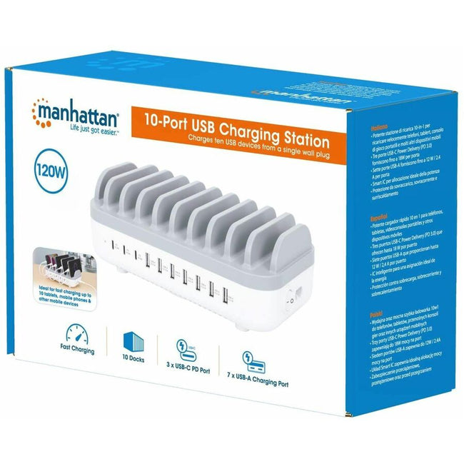 Manhattan 10-Port USB Charging Station, 120W Power, 3 USB-C PD 3.0, 7 USB-A Ports, Fast Charge