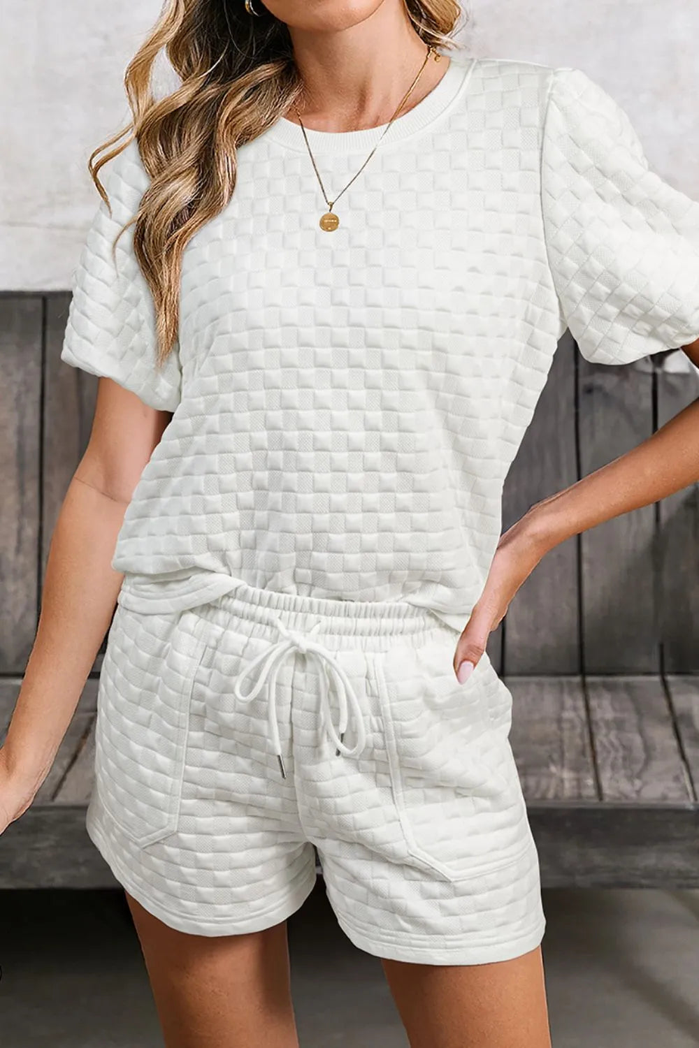Trendy Checkered Two-Piece Top and Shorts Set with Drawstring - Slightly Stretchy Fabric