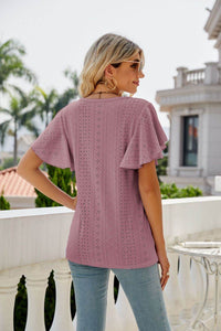 Trendsi Eyelet Flutter Sleeve Semi-Sheer Round Neck Casual Top - 100% Polyester - Store 42