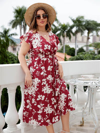 Honey Plus Size Floral Tie Waist Surplice Neck Midi Dress - Store 42