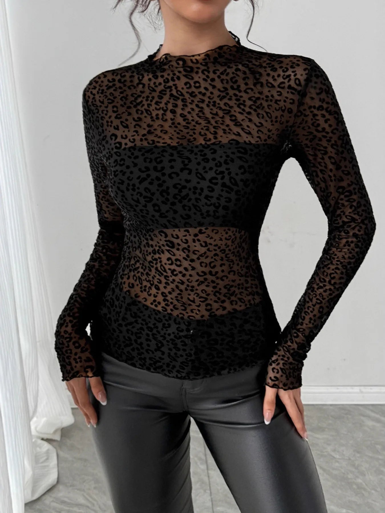 Sleek Leopard Print Sheer Long Sleeve T-Shirt - Slightly Stretchy, Stylish & Comfortable